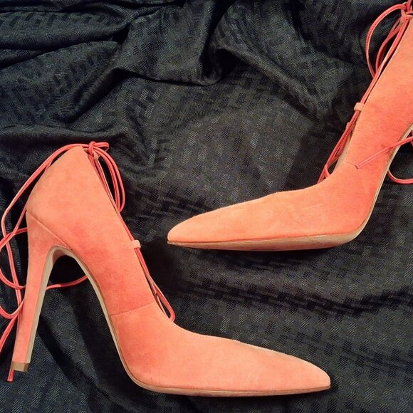 CLEF Women's Genuine Coral Orange Suede Leather Stiletto Pumps, Italy, sz 40.5 - Picture 3 of 15